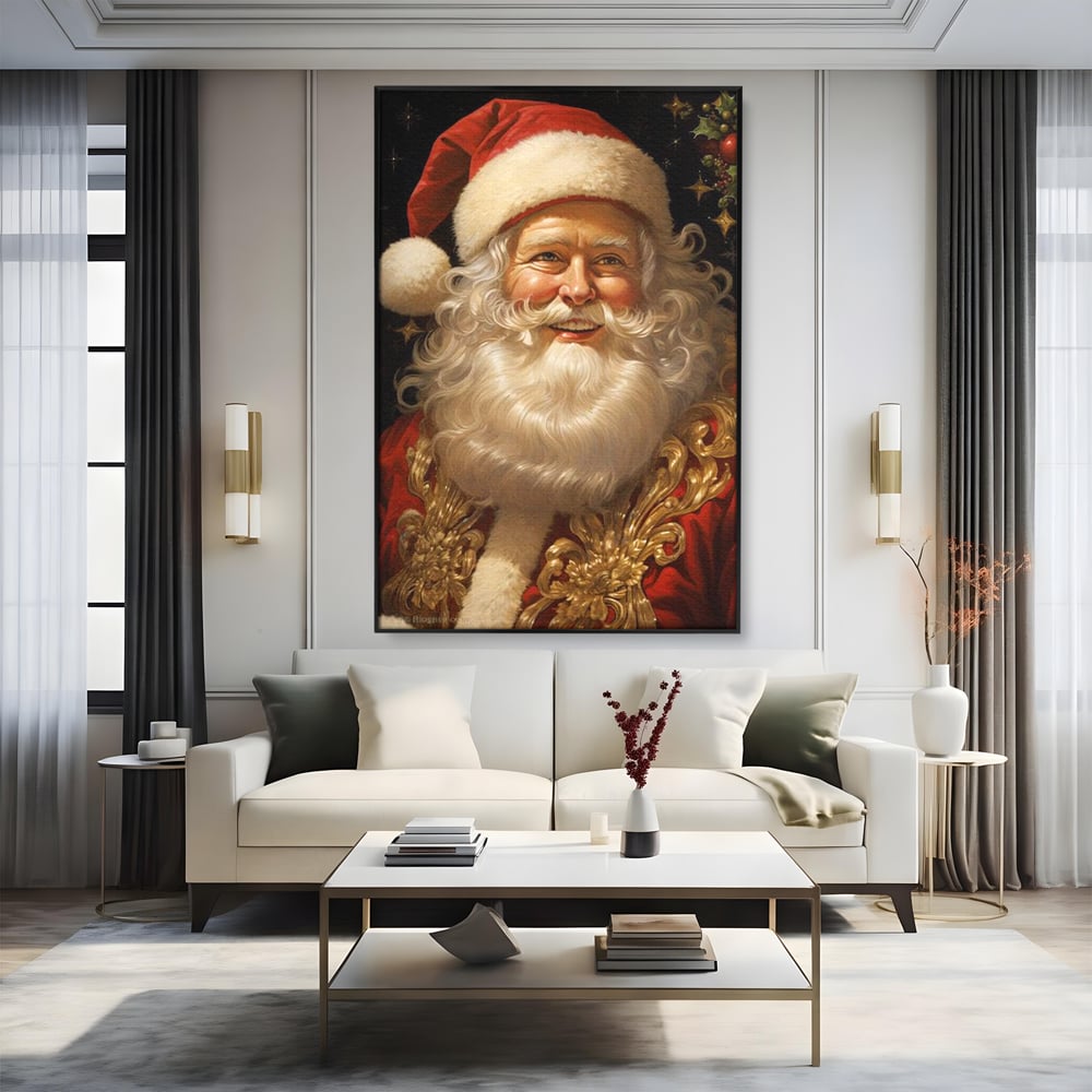 Tablou canvas cu tablou canvas cu portretul lui mos craciun, in rama de aluminiu negru, pe perete intr-un living